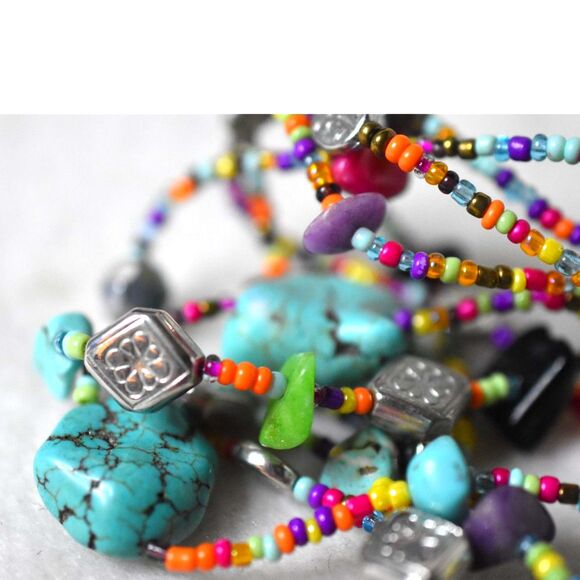 Genuine Turquoise Layered Multi Color/Shape Beads/Stones Silver Tone Necklace - Picture 5 of 5